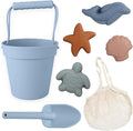 BLUE GINKGO Modern Baby Sand Toys | Travel Friendly | Silicone Bucket, Shovel, 4 Molds, Beach Bag for Toddlers, Kids - Blue