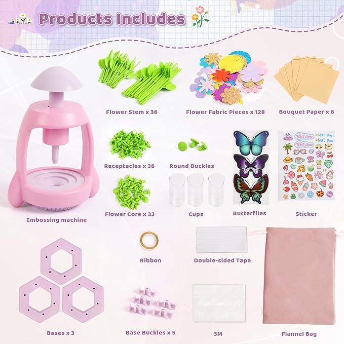 Bsgifts Fabric Flower Making Toys, DIY Flower Press Kits for Kids Ages 3-12, Creative Educational Activity Arts & Crafts Toys, Ideal Holiday Gifts for Preschool Kids, Pink