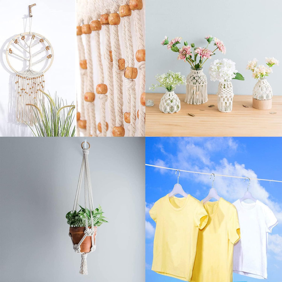 1/4 Inch Natural Cotton Rope, White Craft Rope Clothesline, Used for DIY Rope Baskets, Handicrafts, Candle Wicks, etc, 6MM, 52 Feet.