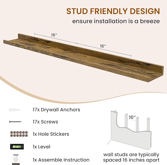 Axeman Picture Ledge Shelf, Floating Shelves for Wall Storage Set of 6, 48 inch Floating Wall Mounted Shelves, Wall Shelves with Lip for Living Room, Bedroom, Nursery, Bathroom, Kitchen, Rustic Brown