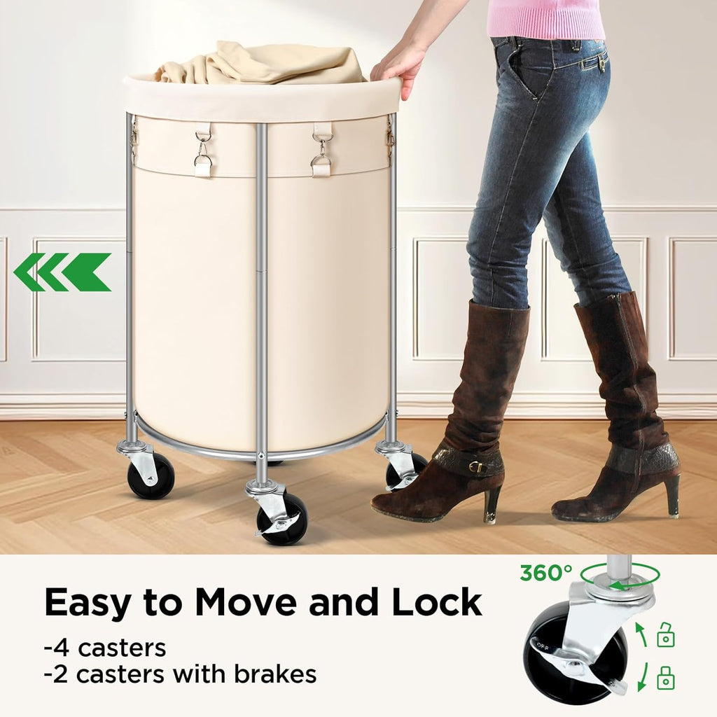 Laundry Hamper with Wheels, 100L Round Rolling Laundry Basket Sorter with Removable Bag, Clothes Cart Organizer with Steel Frame for Bedroom, Bathroom, Laundry Room, Beige