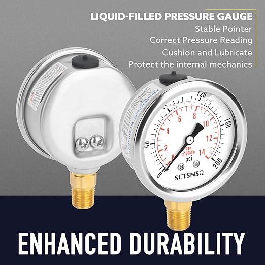 2-1/2" Dial Size, 0-200 Psi Pressure Gauge, Glycerin Liquid Filled, 1/4" NPT Lower Mount, Stainless Steel Case, for Air Compressor, Shock, Water System, Well Pump, Tank, Pipe, Pressure Test
