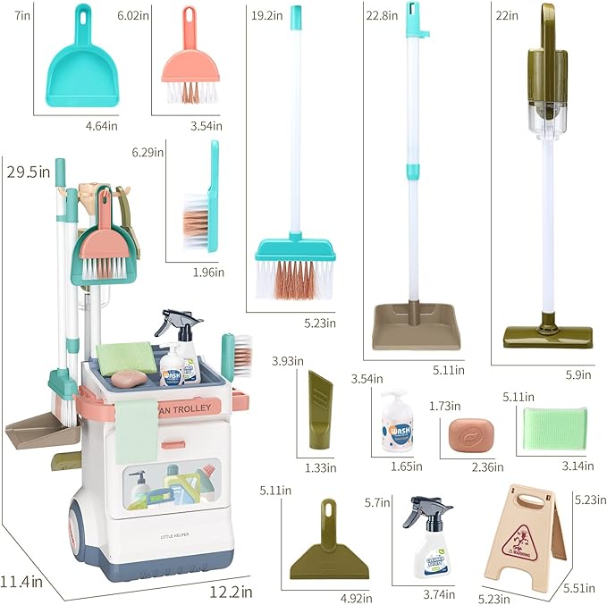Kids Cleaning Set for Toddlers, Detachable 20 Pcs Pretend Play Set, Educational Toddler Cleaning Carts Includes Real Working Vacuum Cleaner, Broom, Spray Bottle and More