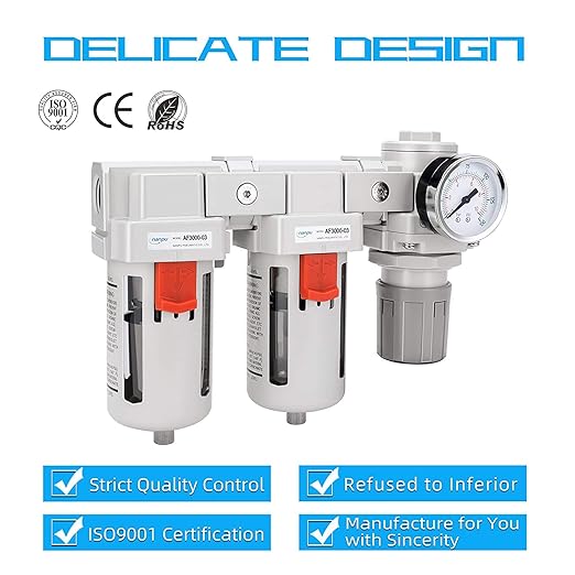 NANPU 3/8" NPT Air Drying System - 5 Micron Particulate Filter, 0.01 Micron Coalescing Filter, Air Pressure Regulator Combo - Semi-Auto Drain, Poly Bowl w/Metal Gauge
