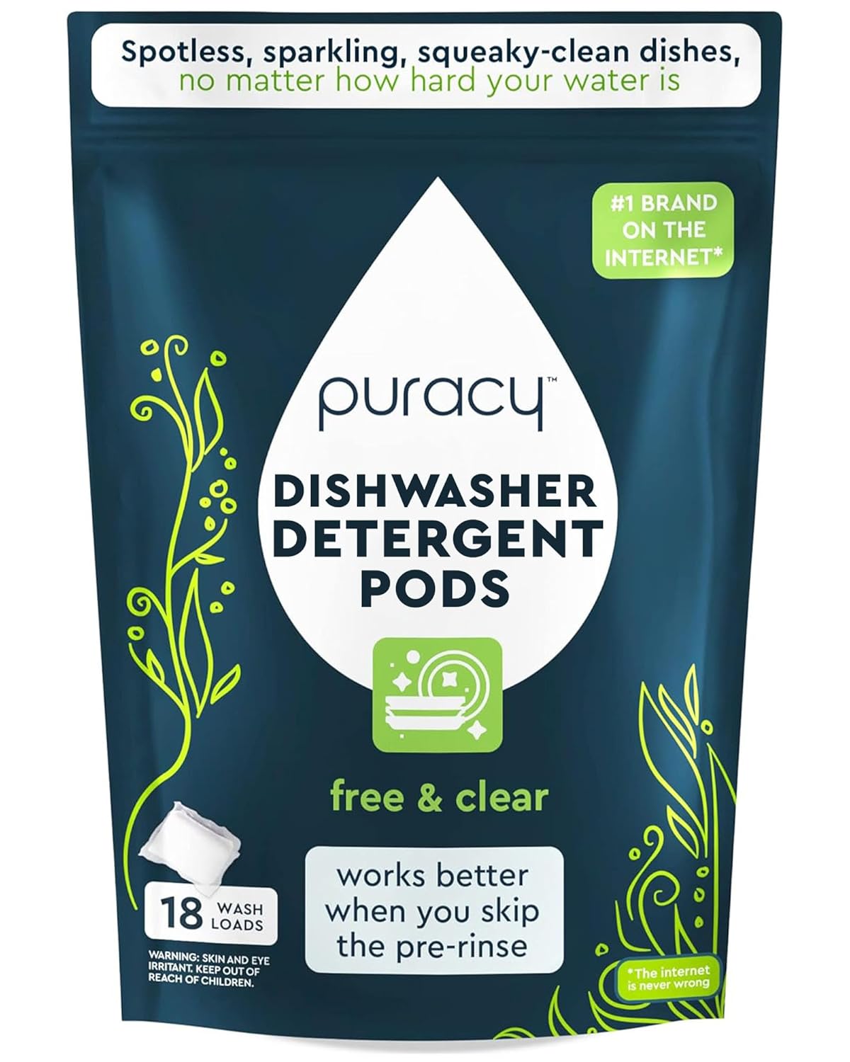 Puracy Dishwasher Pods, Natural Dishwasher Detergent, Free & Clear Dish tabs - Enzyme-Powered, Spot & Residue Free - TikTok Trend Items, Must Haves from TikTok Made Me Buy It (Free & Clear, 18 Count)