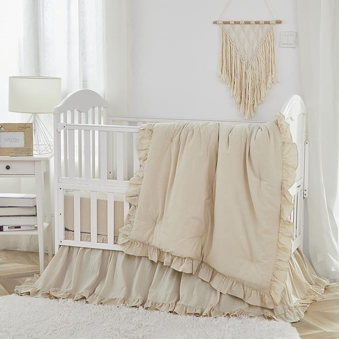 Brandream Gender Neutral Boho Bohemian Baby Girl Boy Nursery Crib Bedding Set 3 Pieces Solid Beige Farmhouse Chic Ruffle Unisex Cozy 100% Washed Cotton