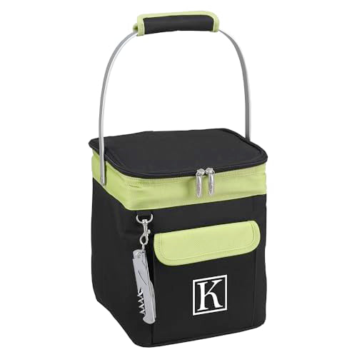 Picnic at Ascot Personalized Monogrammed 4 Bottle Insulated Wine Tote- Collapsible Multi Purpose Cooler - style: Letter - K