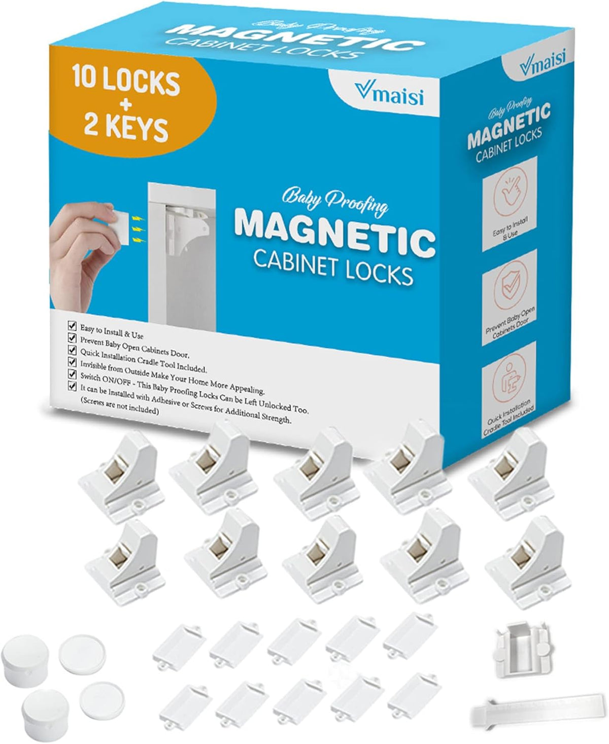 Vmaisi Adhesive Magnetic Locks for Cabinets & Drawers (10 Locks and 2 Keys)