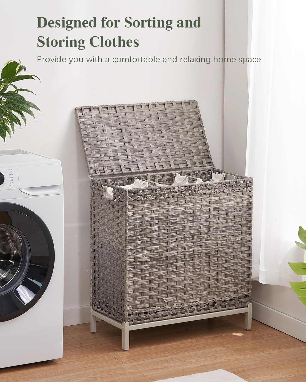 Laundry Hamper with Lid 132 L, (35 Gallons) Clothes Hamper with Lid, Handwoven Rattan Laundry Hamper with Metal Heightened Feet, Laundry Hampers with 3 Removable Liner Bags for Laundry-Gray
