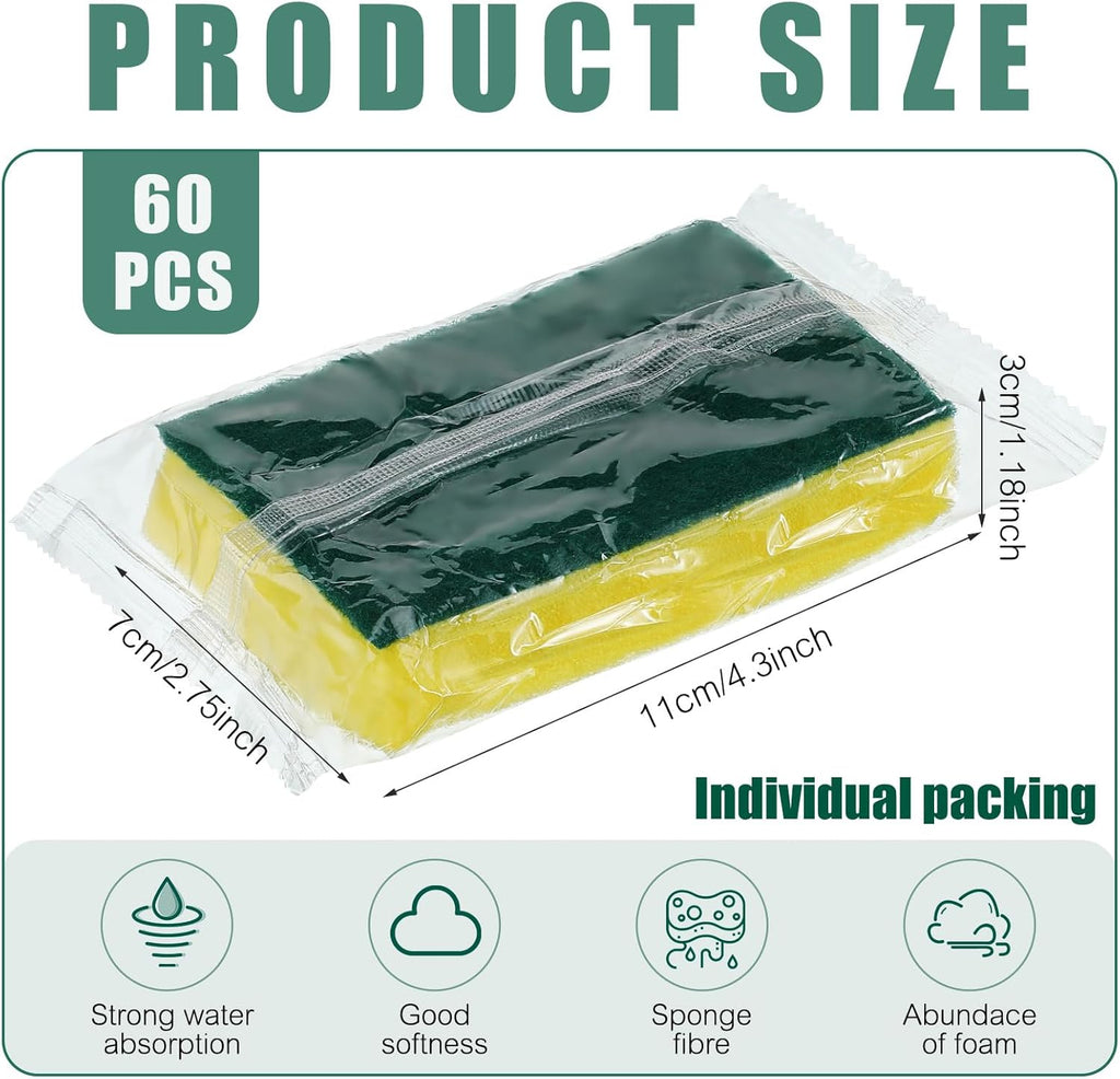 Tanlade 60 Pcs Individually Wrapped Sponge Dishwashing Sponge Bulk Non Scratch Scrub Sponges Kitchen Scouring Pad for Household Cleaning Rental Dishes Hotel Apartment Car (Yellow,Green)