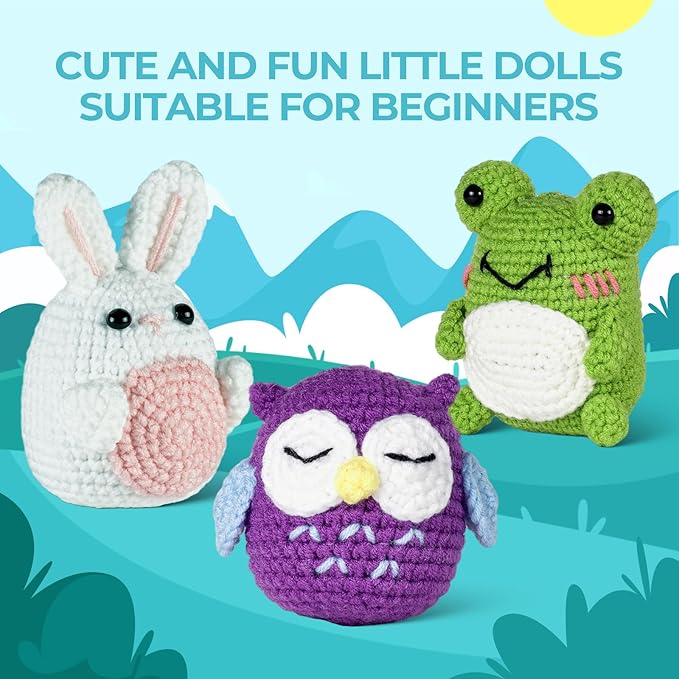 RoseFlower Crochet Kit for Beginners, Easy Crochets Starter Kits with Step-by-Step Video Tutorials, DIY Craft Knitting Crochet Animals Set for Kids Adult - 3 Pack Frog Owl Rabbit