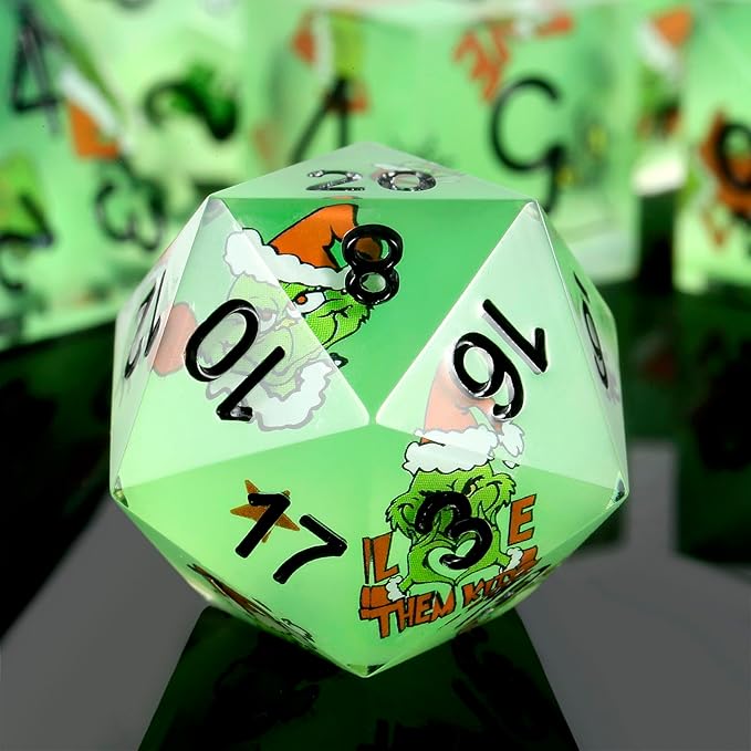 DNDND Full 7 Piece Sharp Edge Dice Set with Carton Stickers for Dungeons and Dragons D&D Table Games (Green with Carton)
