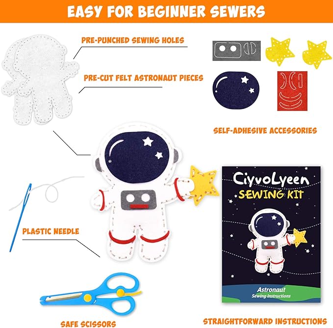 CiyvoLyeen Space Sewing Kit for Kids Solar System DIY Activity Kids Felt Craft Supplies for 7 8 9 10 11 12 Girls and Boys Educational Beginners Sewing Set of 11