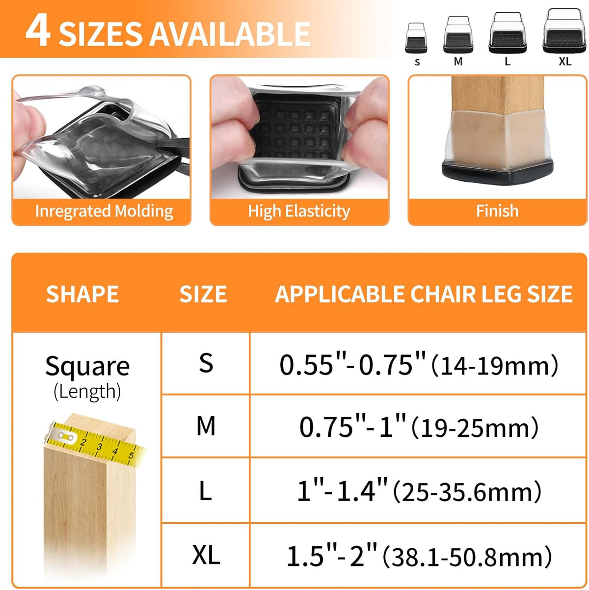 Ezprotekt 24 Pcs Clear Chair Leg Sliders for Carpet, Square Teflon Furniture Glides Protectors Covers, Bar Stool Carpet Sliders Caps for Chair Table Desk Couch Legs (S Fit: 0.55" - 0.75")