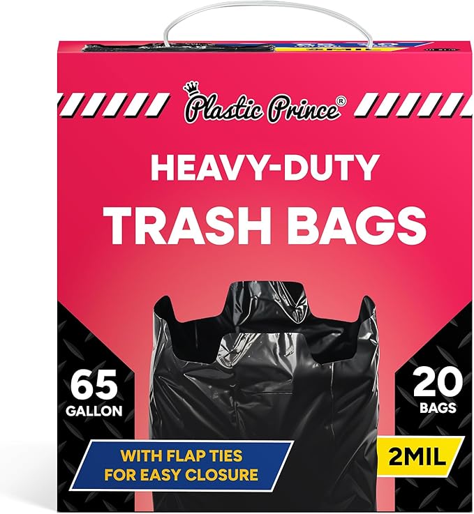 64-65 Gallon Trash Bags Heavy Duty with Flap Ties Extra Large Garbage Bags 2 Mil Outdoor Trash Bags 43 x 49 Trash Can Liners, Black Pack of 20