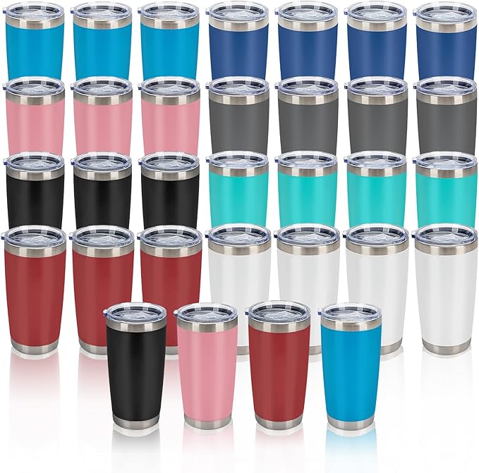 IEOVIEE 32 Pack 20oz Stainless Steel Bulk Tumblers with Lids and Straws Double Wall Insulated Travel Mug Durable Powder Coated Tumbler Bulk Cup for Cold and Hot Drinks(Mixed color)