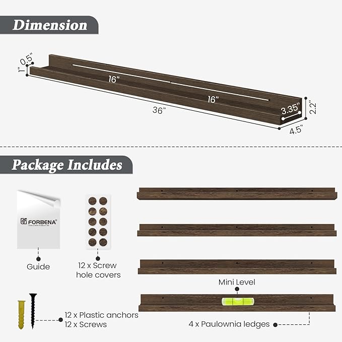 Forbena Rustic Wood Wall Shelves for Living Room Set of 4, 36 Inch Long Floating Shelves with Lip, Large Farmhouse Wooden Picture Ledge Shelf for Bedroom Office Hallway Photo Frames (Dark Brown)