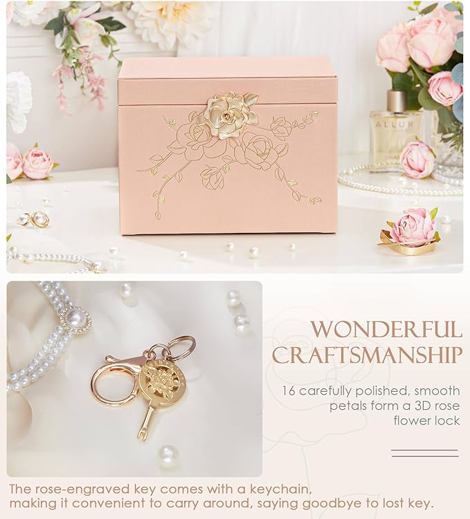 Jewelry Box with Lock for Girls: Jewelry Organizer for Dresser - 3-Drawer Earrings Storage Girls Women Gift (Peach Pink)