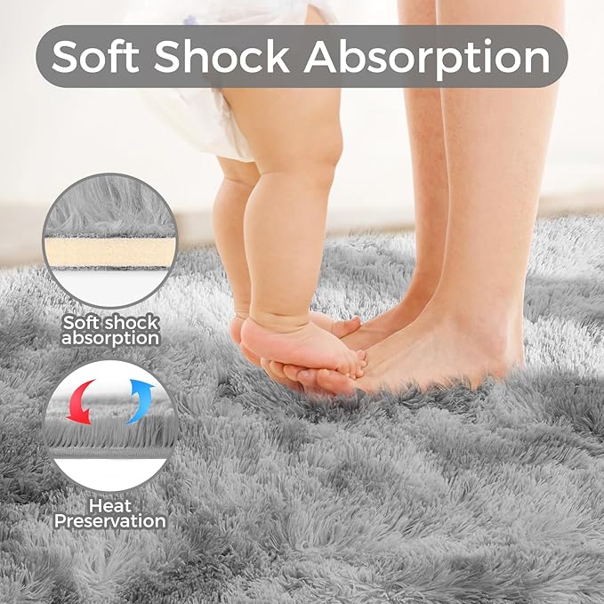 5X8 Ultra Soft Rug for Living Room, 5X8 Fluffy Shag Area Rug for Bedroom, Modern Shaggy Carpets Fuzzy Rug for Teens Dorm Nursery Home Decor Aesthetic, Upgrade Anti-Skid Durable, Tie-Dyed Light Grey