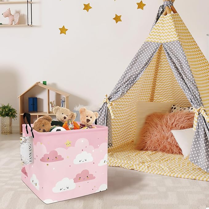 FANKANG Square Nursery Hamper Storage Bins Canvas Laundry Basket Foldable with Waterproof PE Coating Storage Baskets Gift Baskets for Children, Office, Bedroom, Clothes（Square-pink cloud ）