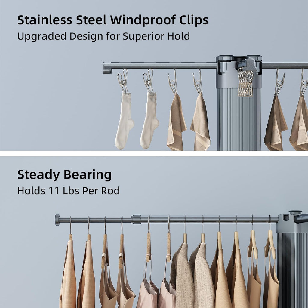 BIREN Clothes Drying Rack Foldable Extending Laundry Rack with 16 Clips Collapsible Clothing Rack Space-Saving Clothing Racks for Hanging Clothes, Indoor, Camping, Balcony, Outdoor