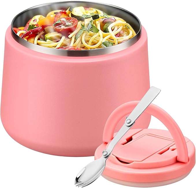 Soup Thermo for Hot Food Kids 14oz Lunch Containers with Buckle Lid Wide Mouth Hot Food Jar Vacuum Insulated Stainless Steel Bento Box Leakproof with Spoon (Dark Pink)