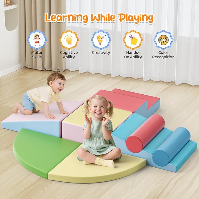 Lischwert Foam Climbing Blocks for Toddlers 1-3, 8pcs Soft Play Set with Crawling Exploration Toys, Indoor Outdoor Infant Safe Blocks for Baby Gym Toddler Playground