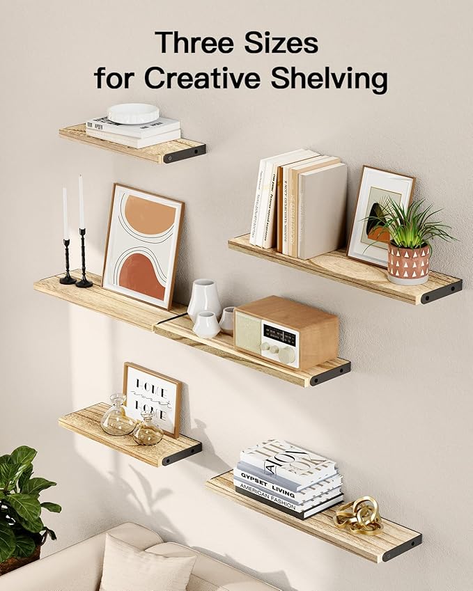 AMADA HOMEFURNISHING Wall Shelves Set of 6, Rustic Farmhouse Style, Wood Floating Shelves for Wall Decor, Bathroom & Bedroom Storage, Living Room Book Shelves, 6pcs