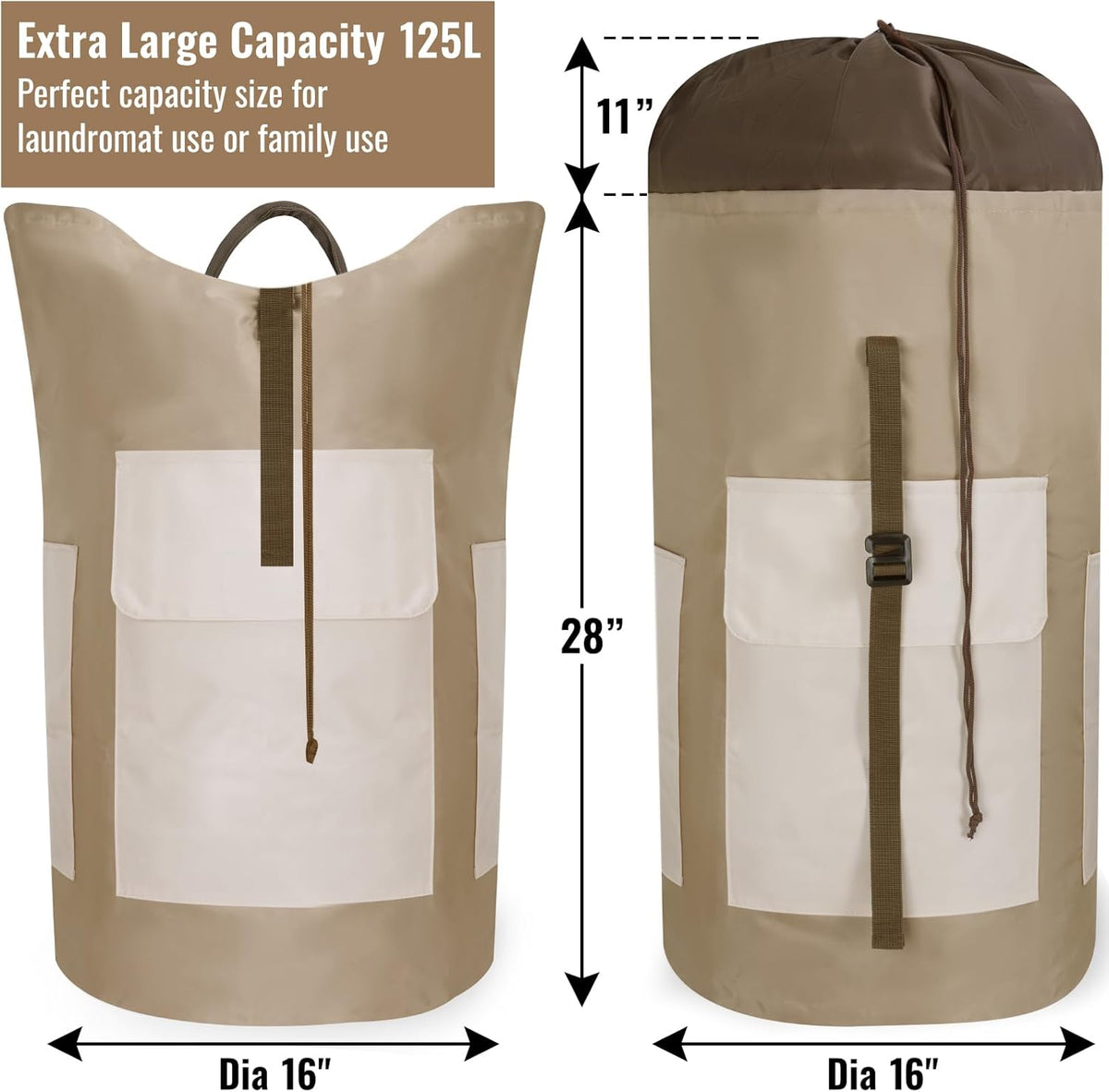 Laundry Bag Backpack, 125L Extra Large Travel with Shoulder Straps, Adjustable & Extendable Design, Laundry Hamper Bag with 3 Pockets for Laundromat, College, Travel, Camping (Brown)