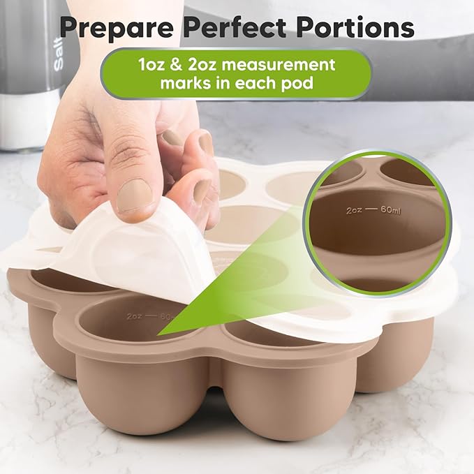 KeaBabies Silicone Food Freezer Trays with Lid, 2oz x 10 Pods Baby Food Storage Containers, Easy Puree Meal Prep, Breast Milk Silicone Freezer Molds, Dishwasher, Microwave Safe,BPA-Free(Chai Latte)