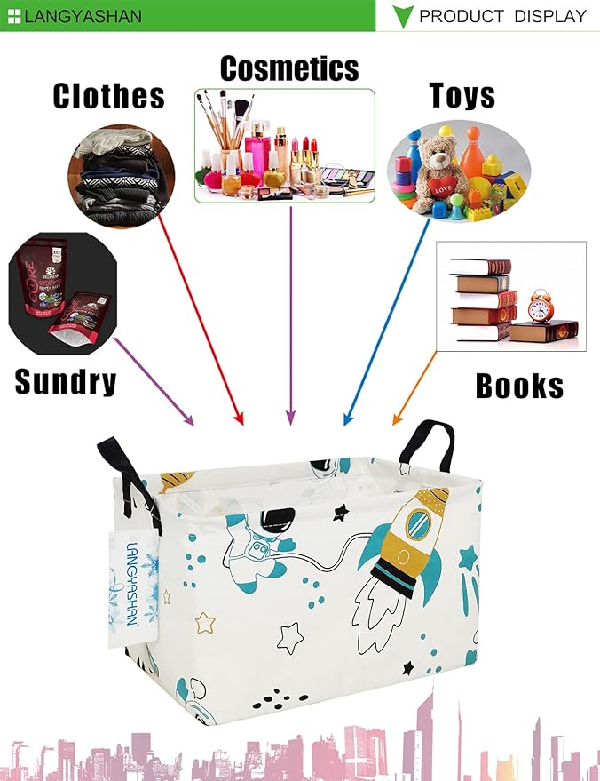 LANGYASHAN Rectangular Storage Bin Collapse Canvas Fabric Cartoon Storage Basket with Handles for Organizing Home Kitchen Boys and Girls Toys Office Closet Shelf Baskets (Rec space astronaut)
