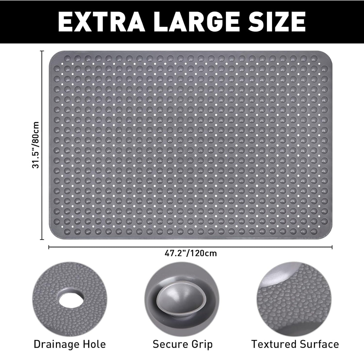 Shower Mat Non Slip: 47.2 x 31.5 Inch Extra Large TPE Shower Mats for Inside Shower - Anti Slip Shower Stall Matt with Drain Hole and Suction Cups for Elderly