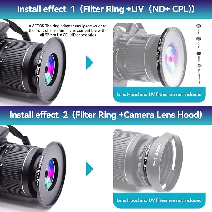 55mm Lens to 82mm Camera Lens Adapter,55mm to 82mm Filter Step-up Ring Adapter Ring,Compatible All 82mm Filter Accessory