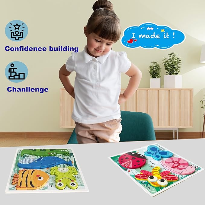 Wooden Creature Puzzles for Toddlers 2-4,Toddler Puzzle Ages 1-3, Montessori Educational Toys for 2 3 Years Old, Wood Learning Gifts for Preschool Kids Boys Girls
