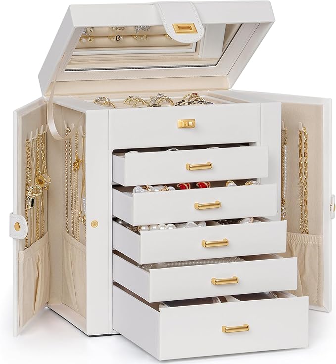 AKOZLIN 6-Tier Jewelry Box Organizer Functional 5 Drawers Leather Jewelry Storage Case for Women Girls Ring Necklace Earring Bracelet Holder Organizer with Mirror White