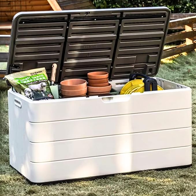 ZZM 110 Gallon Lockable Resin Deck Box, Waterproof Outdoor Storage Box for Patio Cushion Storage Cabinet and Tools Storage, White