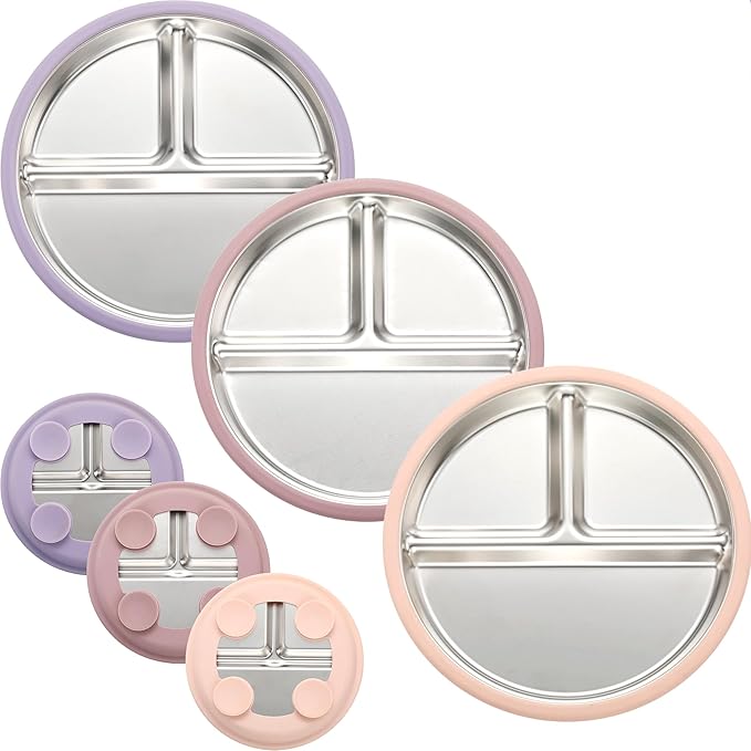 3Pack Stainless Steel Kids Plates, 8.1" Divided Toddler Plates with Removable Silicone Suction Sleeves for Baby Highchairs, Non Toxic BPA Free Non-Slip Unbreakable Snack Lunch Plate