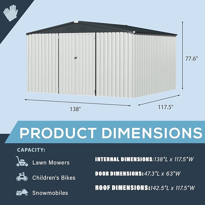 U-MAX 12x10 Storage Shed, Large Metal Outdoor Garden Sheds & Outdoor Storage Clearance, 10x12 Tool Shed Outdoor Storage Lockable for Backyard Outside Use in White