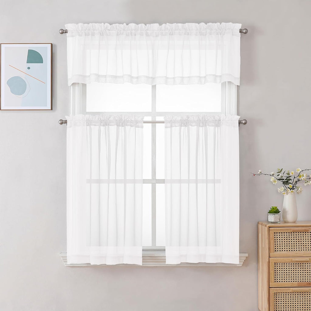Chyhomenyc White Sheer Curtains 36 inch Length 2 Panels Set, Light Filtering Voile Rod Pocket Short Window Curtians for Bathroom Living Room Farmhouse Small Windows, Each 42Wx36L in, 2PCS, White