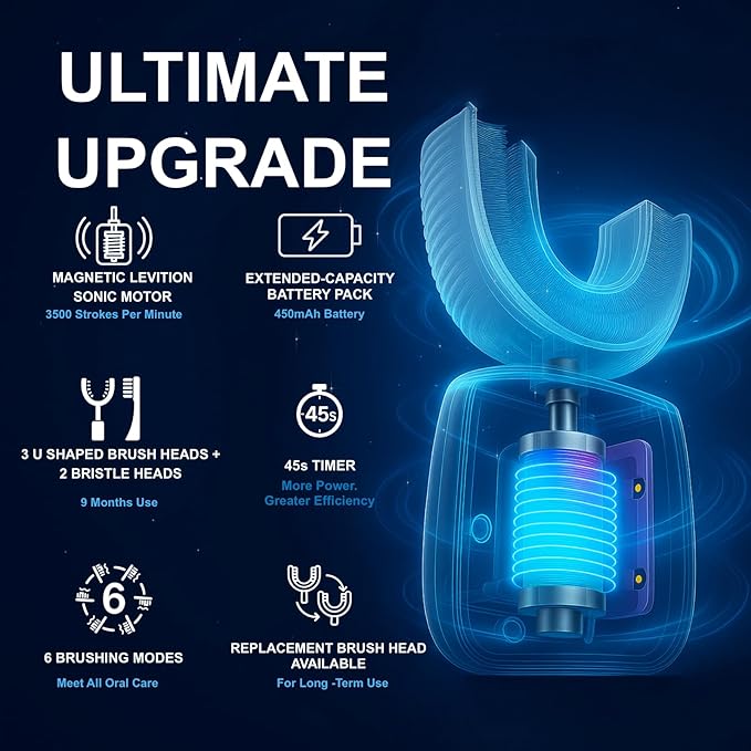 Kids U Shaped Electric Toothbrush Ultrasonic Automatic Brush with 5 Brush Head 6 Clean Modes IPX7 Waterproof Whole Mouth Rechargeable Smart Timer Toothbrushes for Children Age 2-7 (Blue)