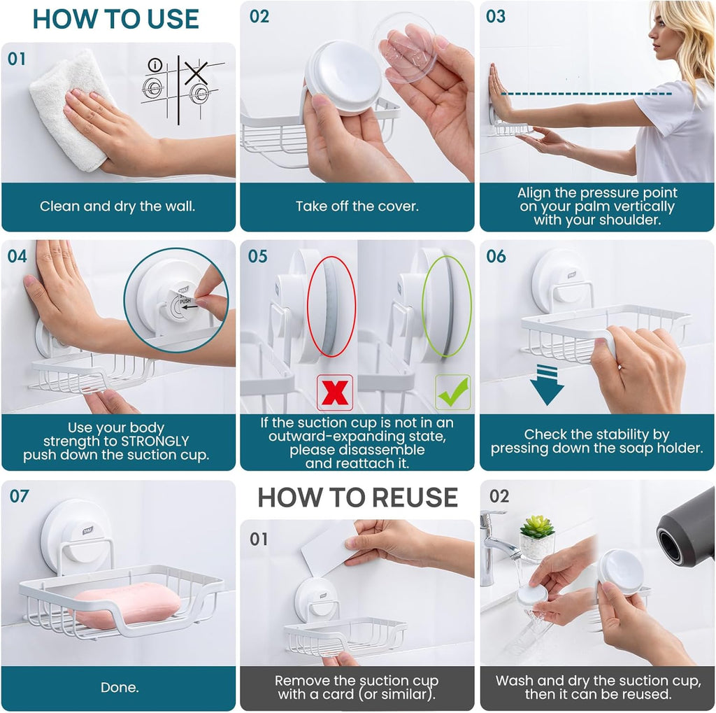 TAILI Soap Holder Bar Dish Suction Cup, Bar Shampoo Rack for Shower Wall, Draining Soap Saver Tray for Bathroom, Rustproof Stainless Steel Sponge Holder for Tub, Kitchen, Drill-Free, White