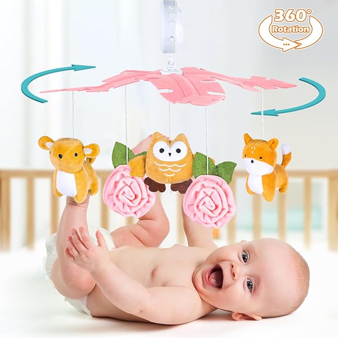 Baby Crib Mobile with Music and Lights, Mobile for Crib with Remote Control, Rotation, Starlight Projection, Crib Toys for Babies Boys Girls(Pink)