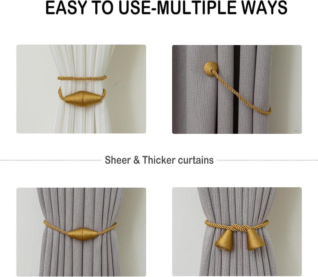 Magnetic Curtain Tiebacks 2 Pack Outdoor Rope Curtain Tie Backs Decorative Window Treatment Holdbacks for Home Decorative Curtain, Gold