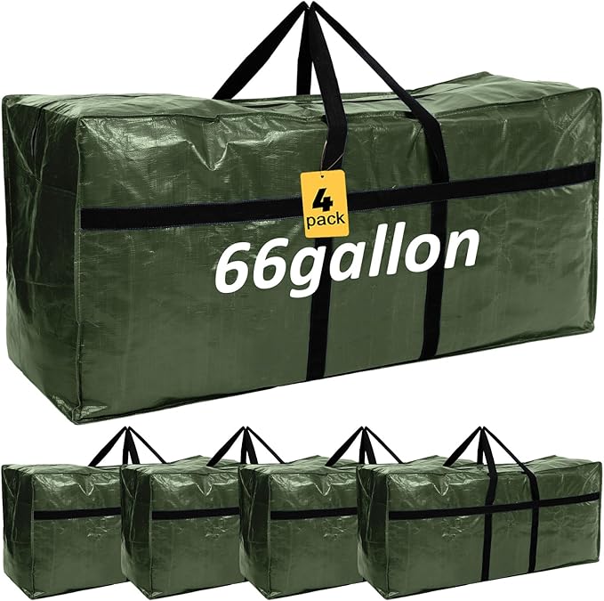 4 Pcs 66 Gallon Large Moving Bags with Zipper and Handles Foldable Storage Duffle Bags Heavy Duty Extra Large Totes for College Dorm Travel Clothes Blankets Bedding Moving (Green)