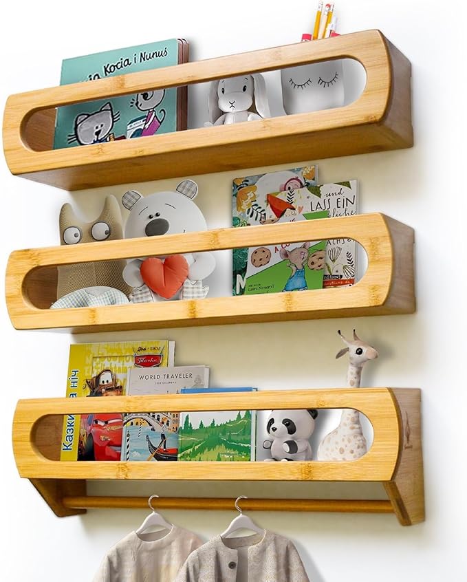 Bamboo Nursery Book Shelves, Fully Assembled For Easy Use - Set of 3 Floating Shelves for Wall Kids, Wall Mounted Book Shelves For Kids Room, Baby Room, Toddler Room, Nursery Decor, 16.5 Inch Natural
