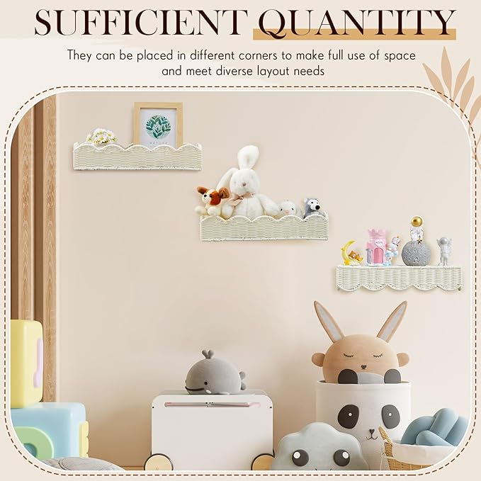 Pinkunn 3 Set Nursery Book Shelves Scalloped Rattan Wall Shelf 15.8 x 3.2 Inch Wall Mounted Plastic Floating Book Shelve, Hanging Boho Wicker Woven Shelf for Nursery Decor and Storage (Classic White)