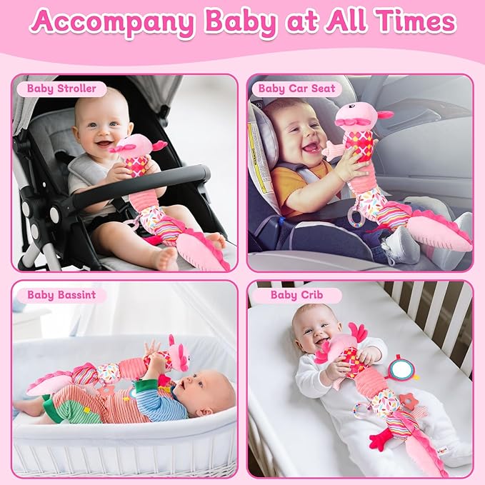 Baby Girls Toys 0-6 6-12 Months,Sensory Axolotl Caterpillar Toys Baby Rattles Musical Tummy Time Toys for 0 3 6 9 12 Months Stuffed Plush with Crinkle, Mirror,Teether for Infant Newborn Shower Gifts