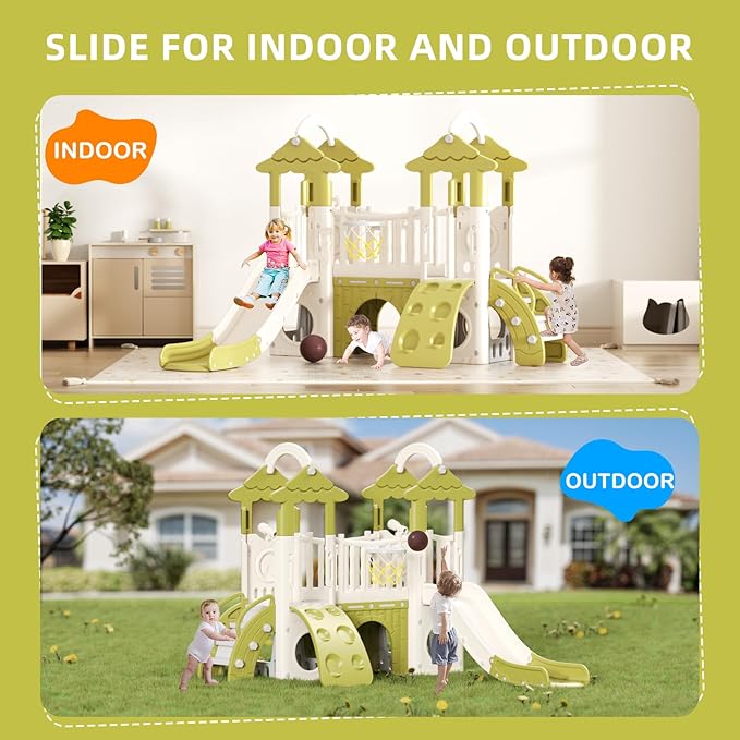 XJD 9 in 1 Toddler Slide, Jungle Slide with Basketball Hoop, Tunnel and Storage Space, Outdoor Indoor for Toddlers Age 1+,Tree House Design Toddlers Outdoor Indoor Playground (Green)