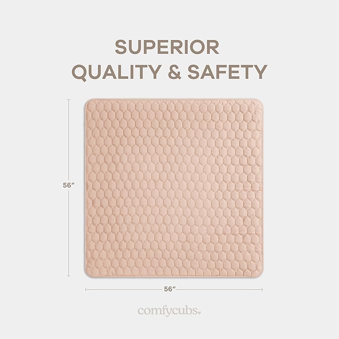 Comfy Cubs Square Kids Play Mat - 56 x 56 inches Soft Quilted Baby Floor Mat with Non-Slip Bottom - Plush Design for Toddlers' Playtime and Relaxation - Comfortable and Durable - Blush