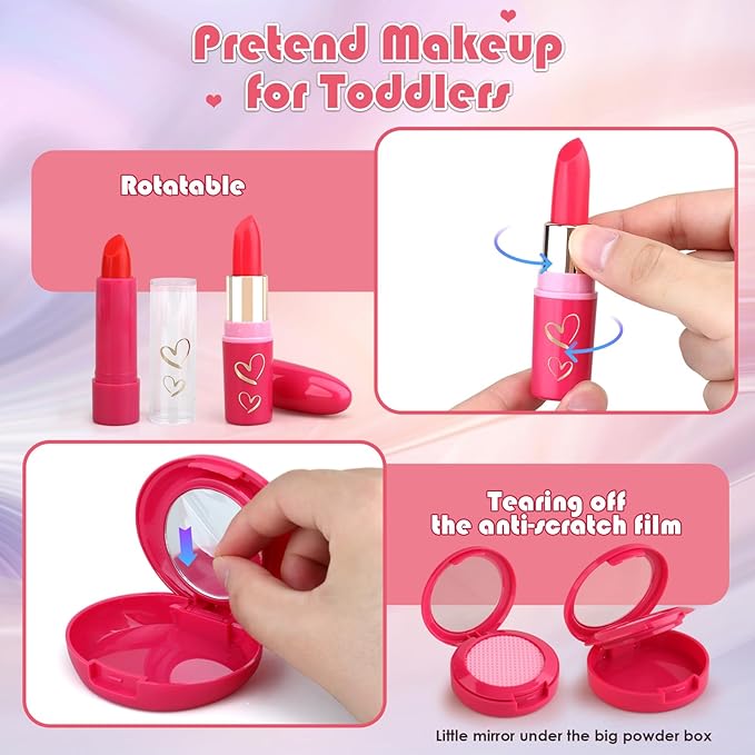 Girl Gifts Basic Pretend Makeup for Little Girls 3-5, Play Makeup for Kids 3-5, Fake Makeup Set Toys for 3 4 5 6 7 Year Old Girls, Toddler Makeup Kit with Fake Make up Toys Gifts
